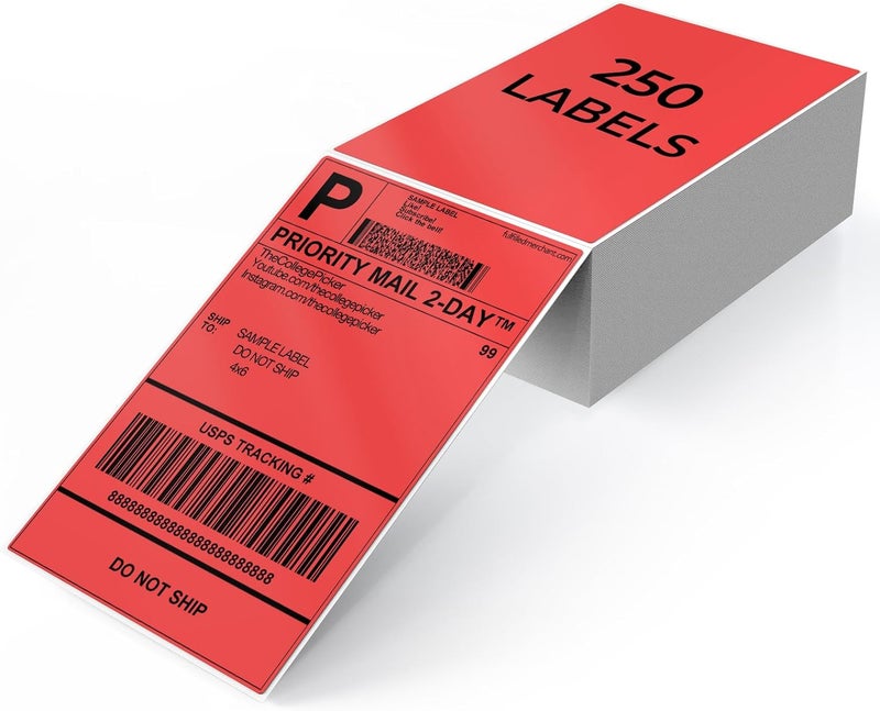 YIKIADA Red Shipping Thermal Labels 4 × 6 Inch Vinyl Self-Adhesive Fanfold Direct Stickers Waterproof Perforated Printer Decal for Office Warehouse Home Address 250 PCS - Image 1